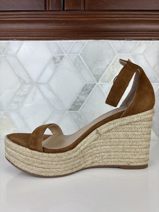L 9 L\'agence Elysee Suede Espadrille Woven Wedge Platform Sandal Ankle Strap Round